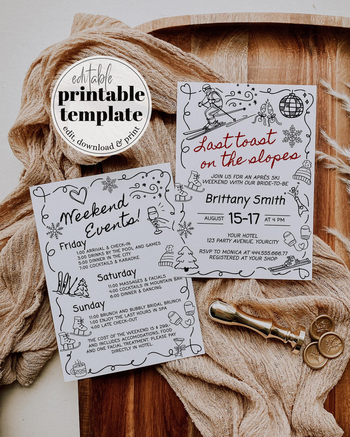 Apres Ski Winter Bachelorette Itinerary, Handwritten Bridal Shower Invitation, Mountain Ski Party Social Club Invite Download Template #070 - TheLovebirdsDesign
