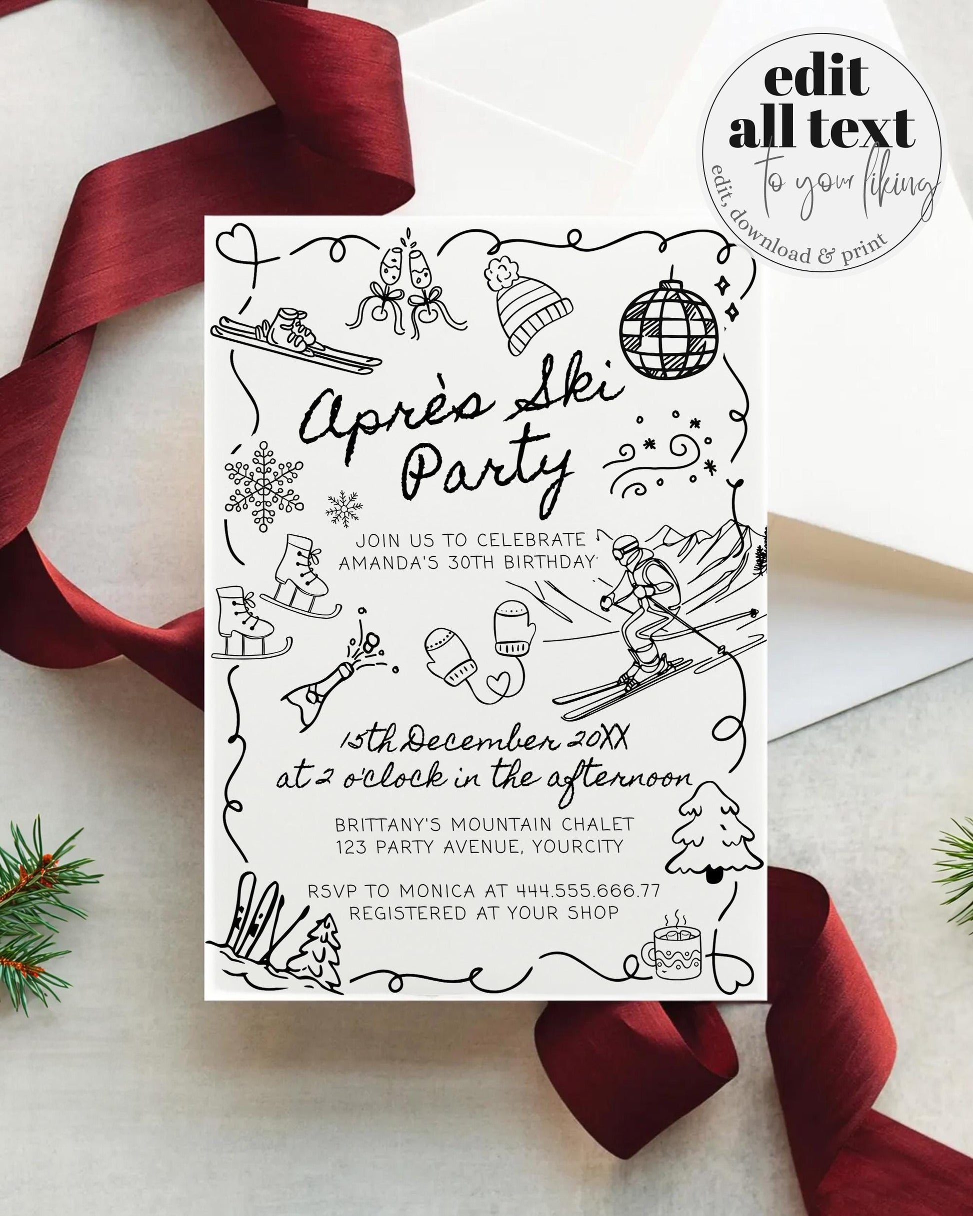 Winter Apres Ski Birthday Invitation, Handwritten Adult 30th Birthday Invite Template, Mountain Ski Party Social Club Invite Template #070 - TheLovebirdsDesign