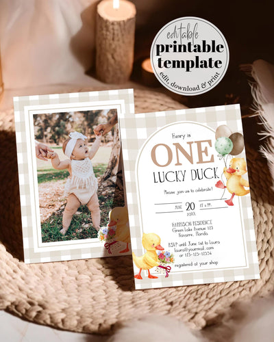 ONE Lucky Duck Firsts Birthday Invitation, cute little Duckling Birthday Invite, Gender Neutral Duck Party Suite Printable Template #068 - TheLovebirdsDesign