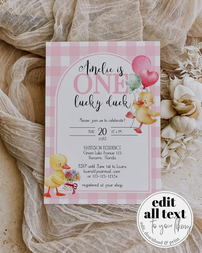 Lucky Duckling Firsts Birthday Invitation Suite Girls, One Lucky Duck Birthday Decor, Pink Duck Cottagecore Party Invite Template #068 - TheLovebirdsDesign