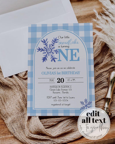 Blue Gingham Winter ONEderland First Birthday Invitation, Blue Snowflake Boy Party Editable Template