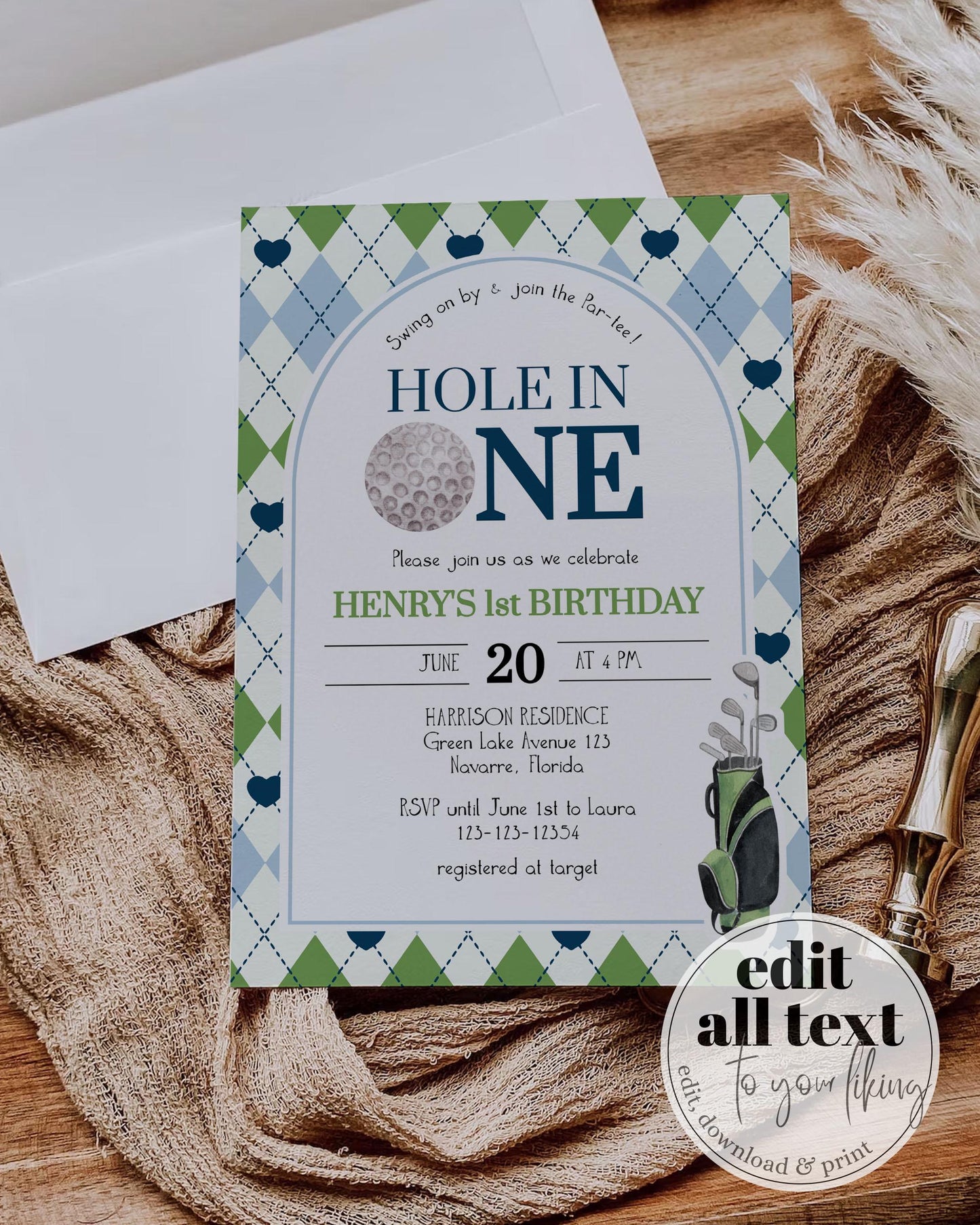 Boys Hole in ONE First Birthday Partee Invitation, Golf Masters 1st Birthday Invite, Golf Birthday Suite for Boys, Coquette Template #068 - TheLovebirdsDesign