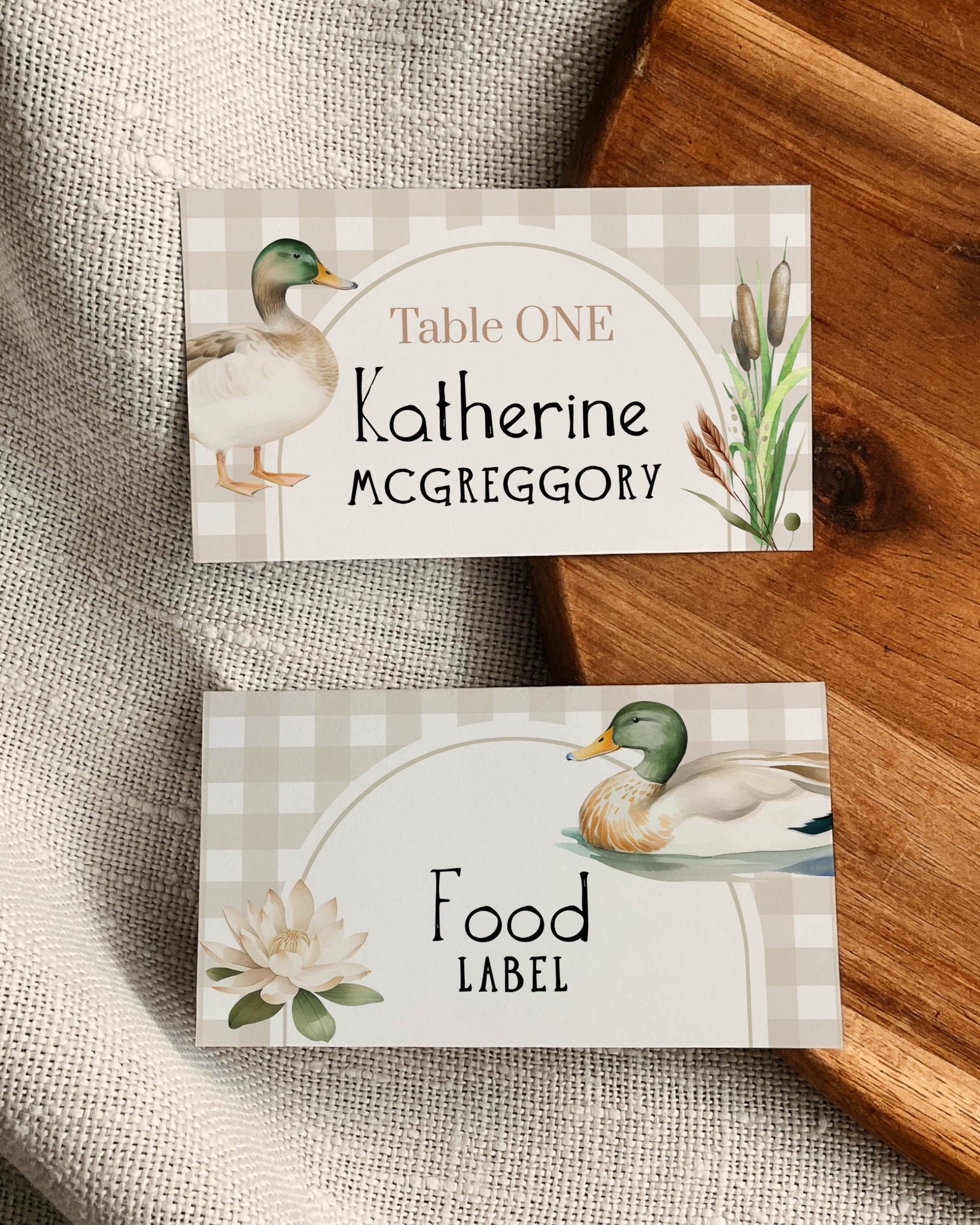 One Lucky Duck Place Cards for First Birthday, Boys Mallard Duck Hunt Food Labels Decor Printable Template #068 - TheLovebirdsDesign