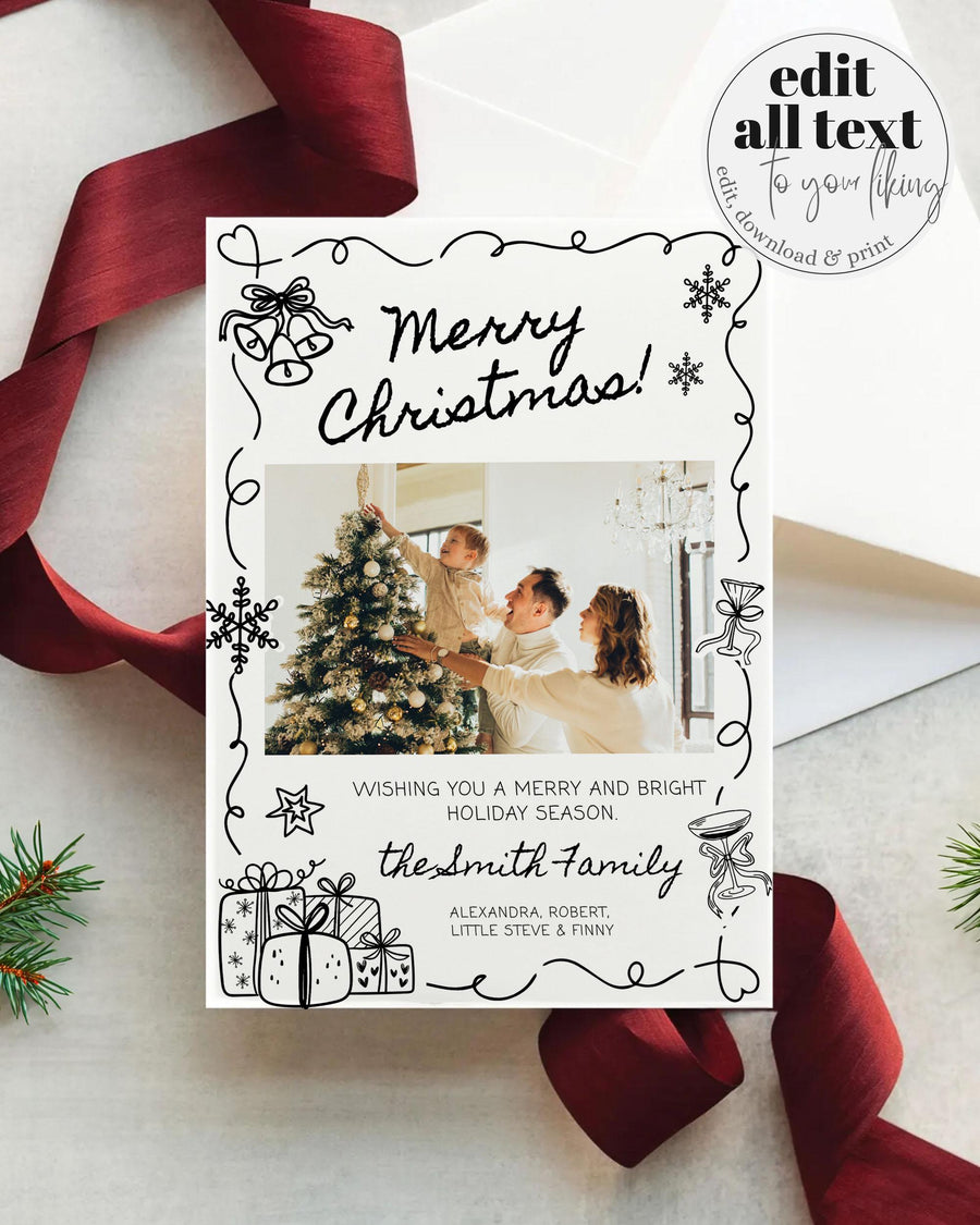 Happy Holidays Photo Card Template: Hand-Drawn Doodles with Family Pictures in 5x7 Greeting 070BW-PHCA