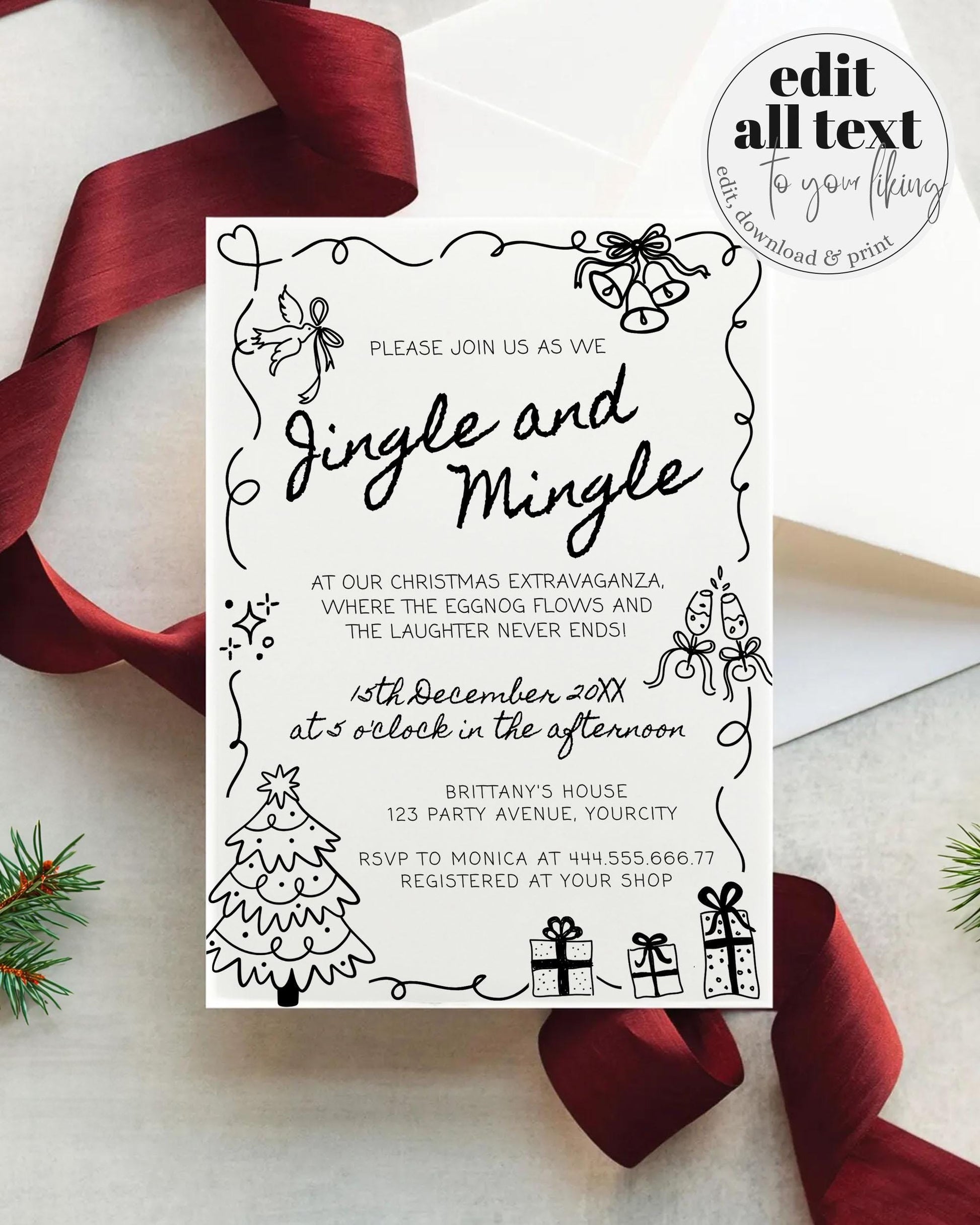 Hand Drawn Funky Jingle and Mingle Christmas Party Invitation Template, Editable XMAS Office Work Party or Friendsmas Invite Template #070 - TheLovebirdsDesign