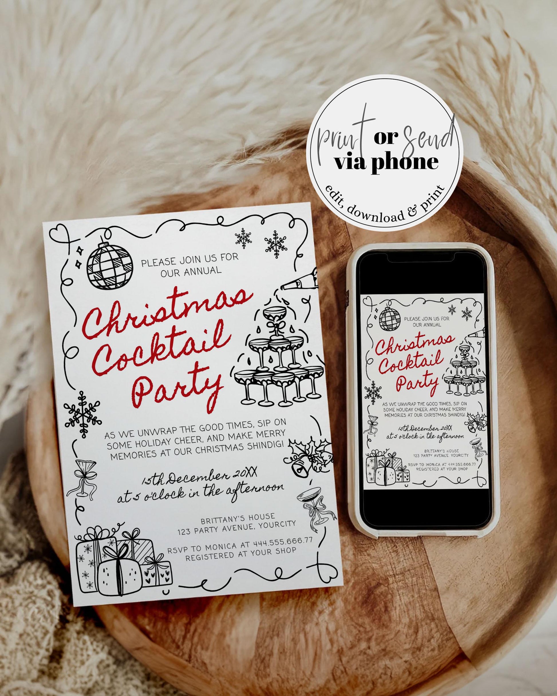 Hand drawn Christmas Cocktail Party Invitation, Funky Doodle Holidays Office Party, Scribble XMAS Winter Party Printable Template Invite#070 - TheLovebirdsDesign