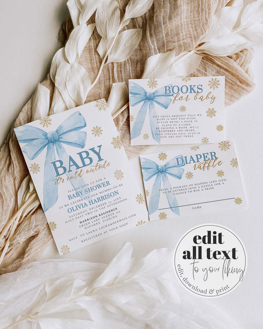 Blue Bow Baby It's Cold Outside Baby Shower Invitation Silver Winter Wonderland Christmas Holiday Snowflake Boy Shower Invite Template #072 - TheLovebirdsDesign