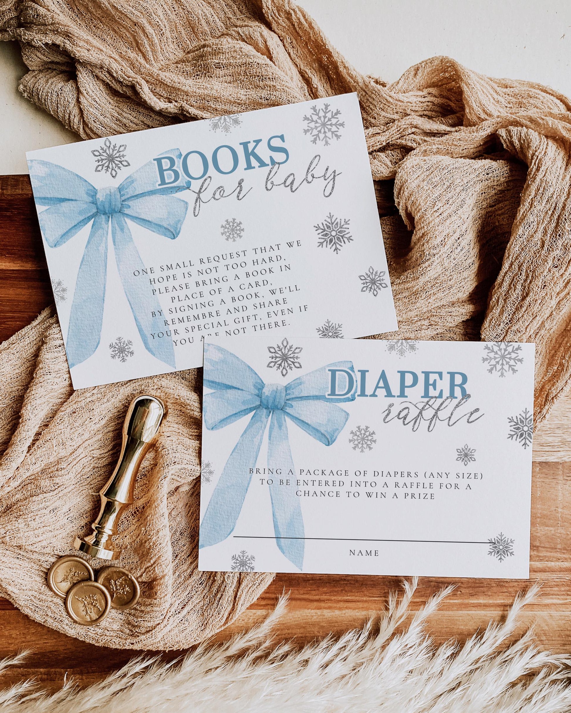 Blue Silver Bow Baby It's Cold Outside Baby Shower Invitation Snowfall Winter Wonderland Christmas Holiday Snowflake Boy Invite Template#072 - TheLovebirdsDesign