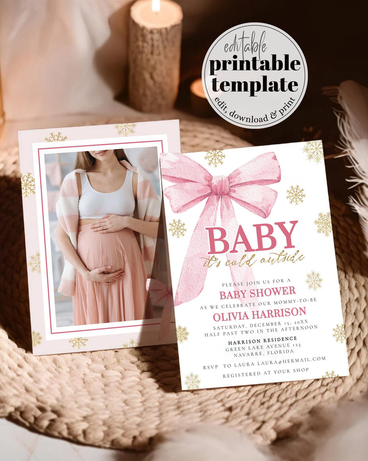 Pink Bow Baby It's Cold Outside Baby Shower Invitation Snowfall Winter Wonderland Christmas Holiday Snowflake Shower Invite Template #072 - TheLovebirdsDesign