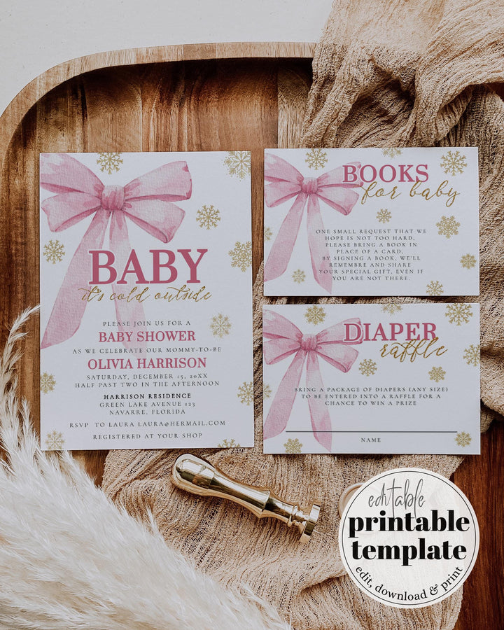 Pink Bow Baby It's Cold Outside Baby Shower Invitation Snowfall Winter Wonderland Christmas Holiday Snowflake Shower Invite Template #072 - TheLovebirdsDesign