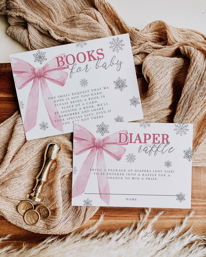 Pink Bow Baby It's Cold Outside Baby Shower Invitation Christmas Holiday Snowflake Snowfall Winter Wonderland Shower Invite Template #072 - TheLovebirdsDesign