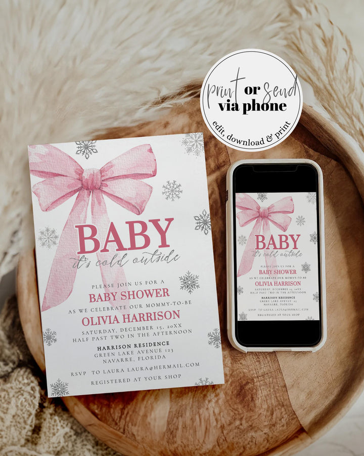 Pink Bow Baby It's Cold Outside Baby Shower Invitation Christmas Holiday Snowflake Snowfall Winter Wonderland Shower Invite Template #072 - TheLovebirdsDesign
