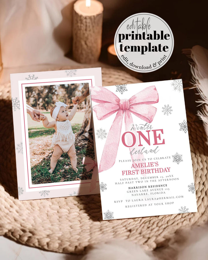 Pink Bow Winter ONEderland First Birthady Invitation Christmas Silver Snowflake Snowfall Winter Wonderland 1st Birthday Invite Template #072 - TheLovebirdsDesign