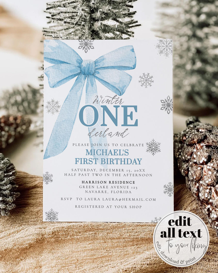 Blue Bow Winter ONEderland First Birthday Invitation, Silver Snowflake Boy Party Editable Template 095BL-BINV