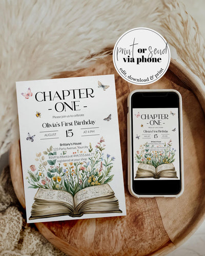 Storybook First Birthday Invitation Template, Chapter ONE Wildflower Butterfly Theme 077ST-BINV - marryful.org