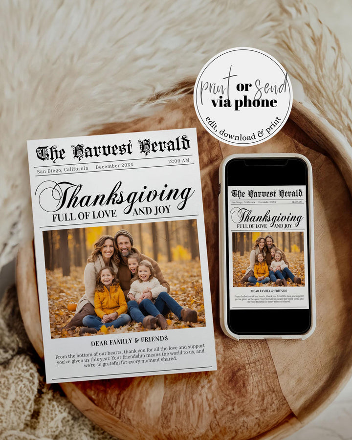 Thanksgiving Newspaper Template, Friends Giving Newspaper Dinner Invitation, Editable Thankful Invite, Large Newspaper 4 Pages #065b - TheLovebirdsDesign