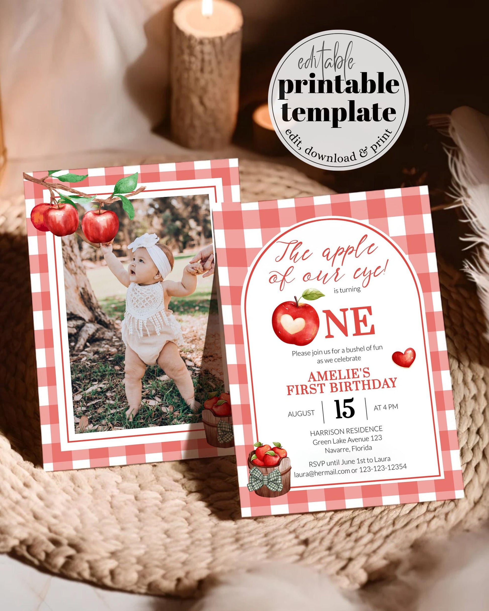 Apple of our Eye 1st Birthday Invitation, Apple Themed First Birthday Invite Girls, Coquette Gingham Decor, ONE Birthday Fall Template #068 - TheLovebirdsDesign