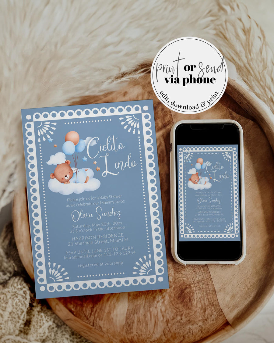 Cielito Lindo Baby Shower Invitation Template, Blue Teddy Bear Sleeping Clouds Mexican Invite 001BL-BSINV - marryful.org