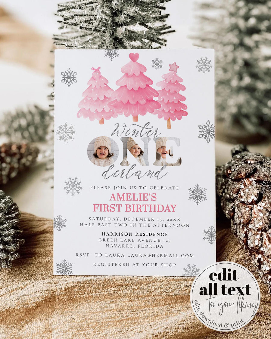 Pink Christmas Tree Winter ONEderland First Birthday Invitation, Silver Snowflake Editable Template 095PI-BINV