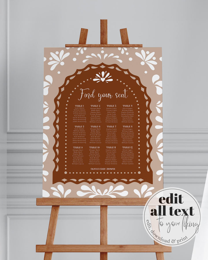 Cielito Lindo Seating Chart Sign Vintage Mexican Baby Shower, Desert Wedding Decorations, White Talavera Papel Picado Cowboy Template #067 - TheLovebirdsDesign