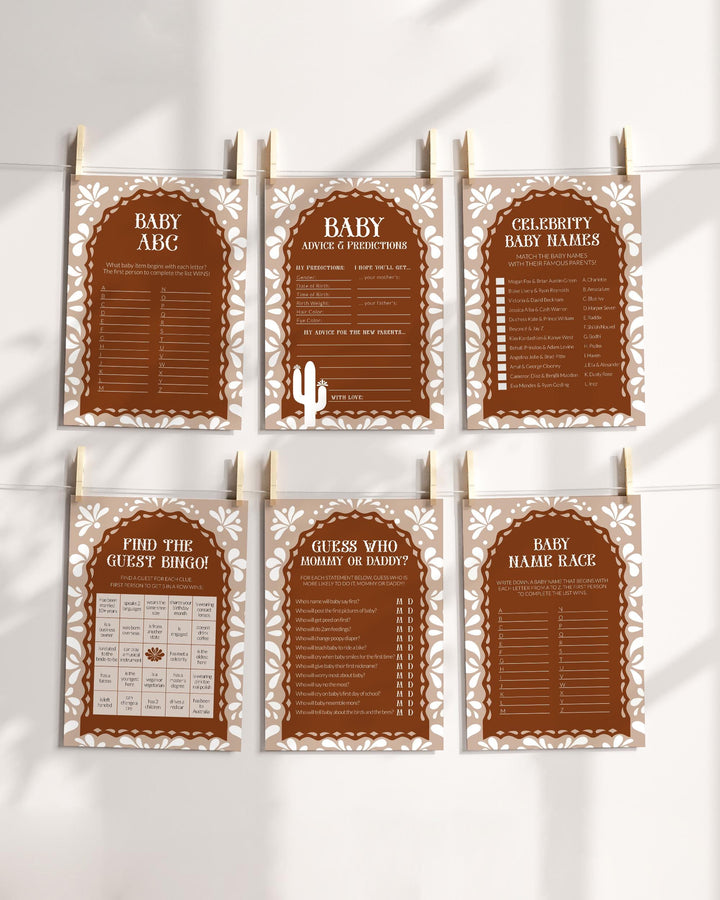 Cielito Lindo Baby Shower Game Bundle, Editable Gender Neutral Mexican themed Baby Party Games, White Talavera Papel Picado Template #067 - TheLovebirdsDesign
