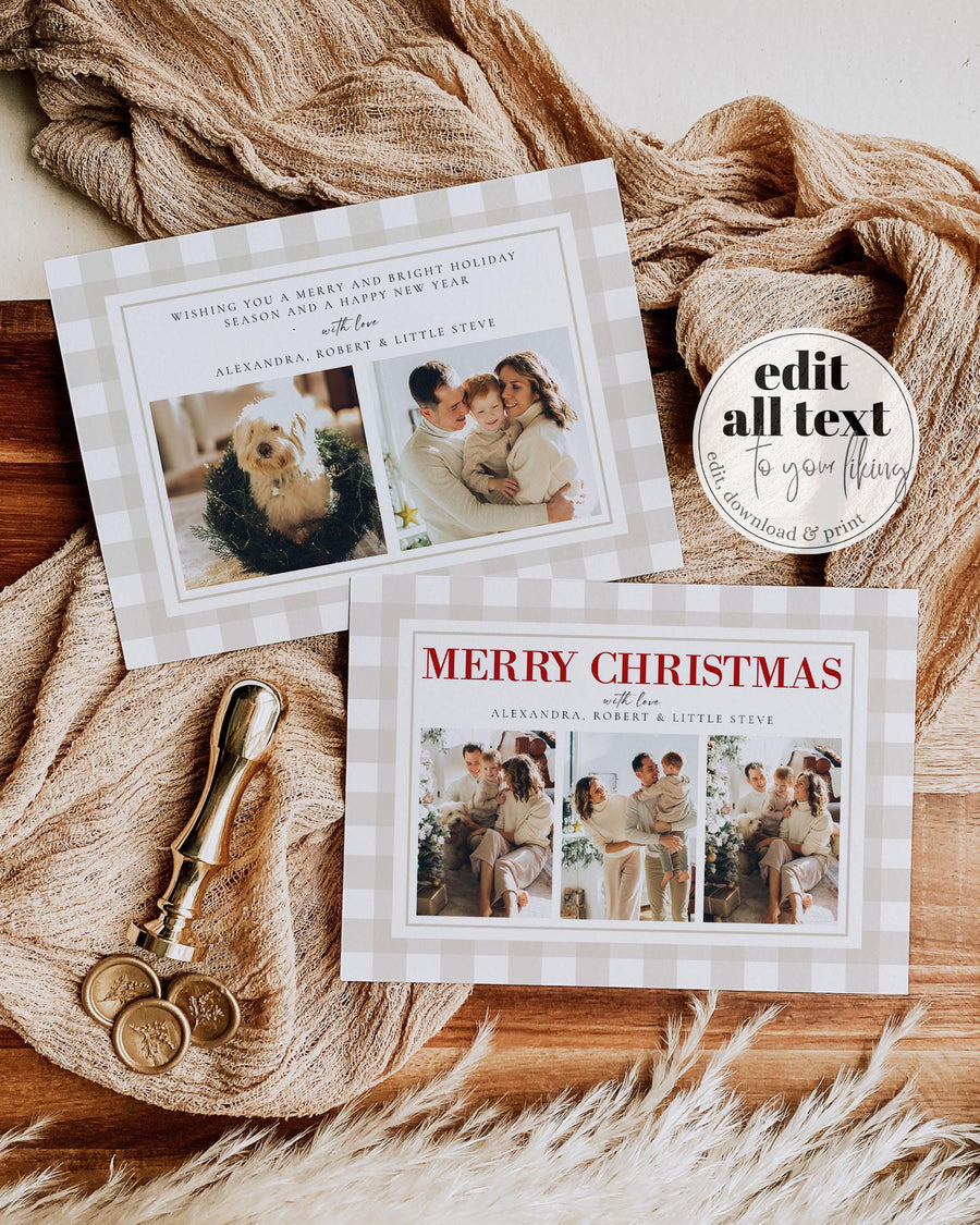 Coquette Christmas Photo Card, Family or Pet Picture Holiday Greeting Editable 5x7 Template