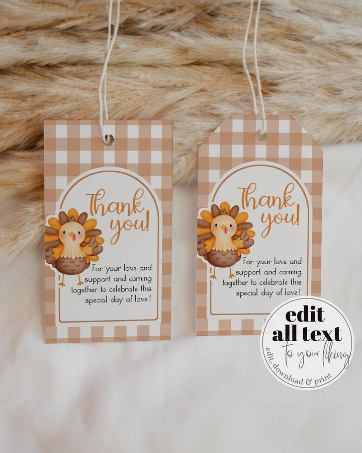 Thanksgiving Turkey Thank you Tags, Little Turkey is Turning One Favor Tags, Editable 1st Birthday Party Sticker, Fall Autumn Template #068 - TheLovebirdsDesign