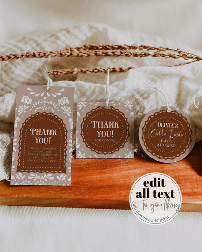 Cielito Lindo Favor Tags, Editable Gender Neutral Mexican themed Baby Shower Thank you Tags, Talavera Papel Picado Sticker Template #067 - TheLovebirdsDesign