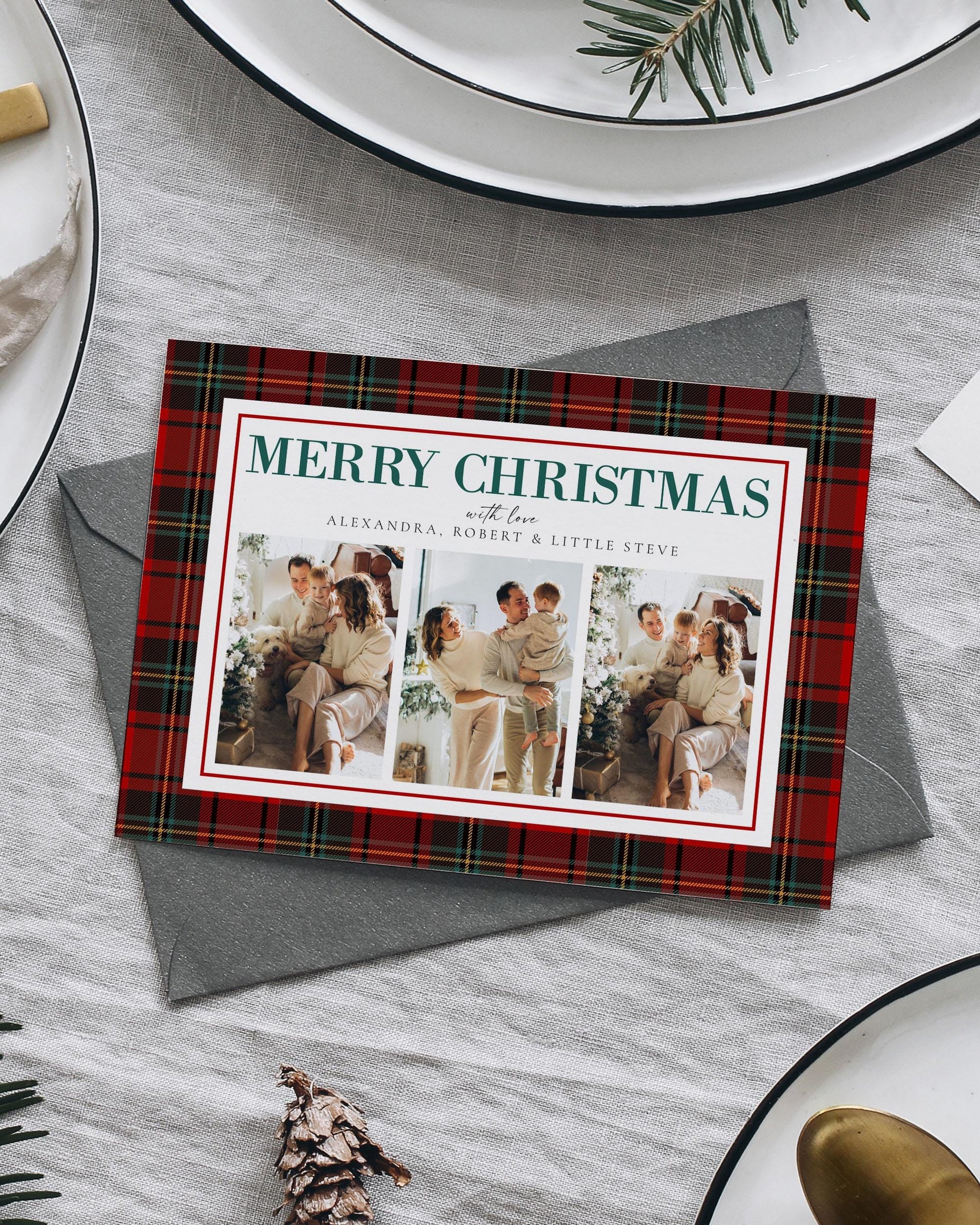 Custom Happy Holidays Christmas Photo Card for Family Picture or Pet Photo one or multiple photos, Download Coquette Christmas Plaid #068 - TheLovebirdsDesign