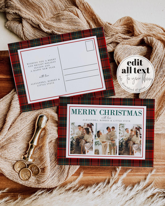 Custom Happy Holidays Christmas Photo Card for Family Picture or Pet Photo one or multiple photos, Download Coquette Christmas Plaid #068 - TheLovebirdsDesign