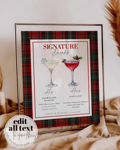 Signature Drinks Bar Menu Christmas Cocktail Bar Sign for Holiday Work Party, Editable XMAS Cocktail Drinks Menu Printable Template #068 - TheLovebirdsDesign