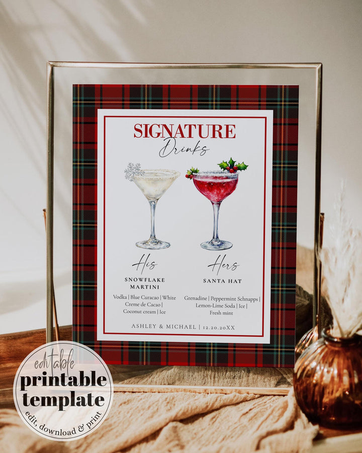 Signature Drinks Bar Menu Christmas Cocktail Bar Sign for Holiday Work Party, Editable XMAS Cocktail Drinks Menu Printable Template #068 - TheLovebirdsDesign