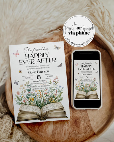 Storybook Bridal Shower Invitation Template, She Found Her Happily Ever After Wildflower Theme #068 - marryful.org