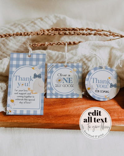 One Silly Goose Blue Favor Tags for First Birthday, Boys 1st Birthday Silly Goose Thank You Tags Sticker Cupcake Topper Decor Template #068 - TheLovebirdsDesign