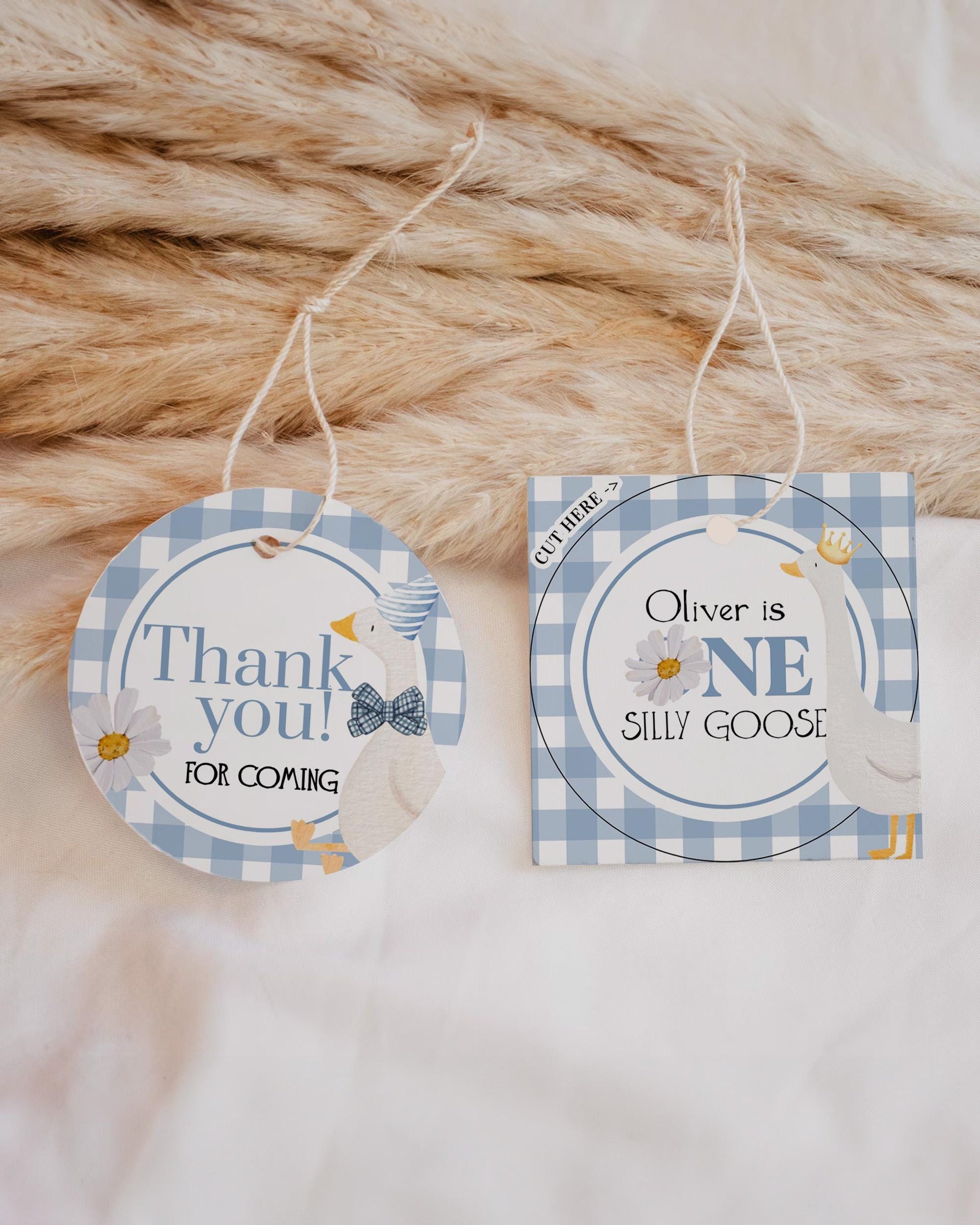 One Silly Goose Blue Favor Tags for First Birthday, Boys 1st Birthday Silly Goose Thank You Tags Sticker Cupcake Topper Decor Template #068 - TheLovebirdsDesign