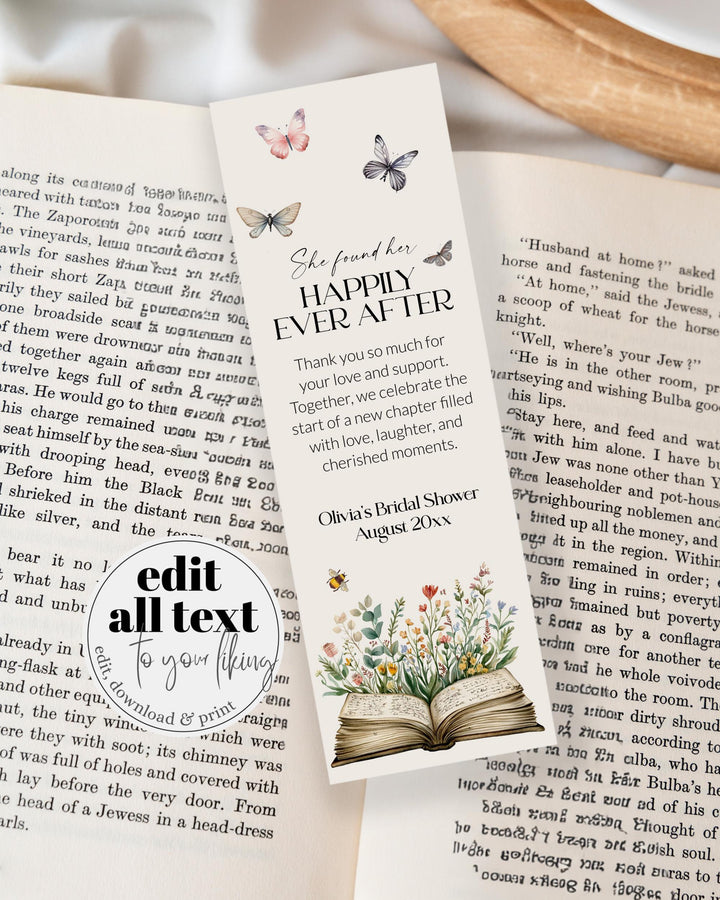 Storybook Bookmark for Book Themed Bridal Shower, Editable Bridal Book Lover Thank You Keepsake Favor Tags Printable Template #068 - TheLovebirdsDesign