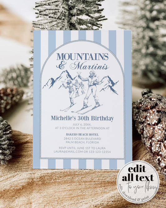 Mountains Martinis Adult Apres Ski Birthday Invitation, Aspen Ski Party Social Club Invite Template Winter 30th Birthday Party Printable#072 - TheLovebirdsDesign