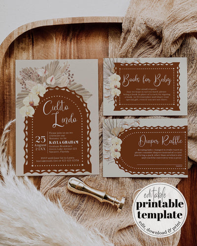 Cielito Lindo Baby Shower Invitation Template, Beige Brown Pampas Mexican Neutral Invite 001CL-BSINV - marryful.org