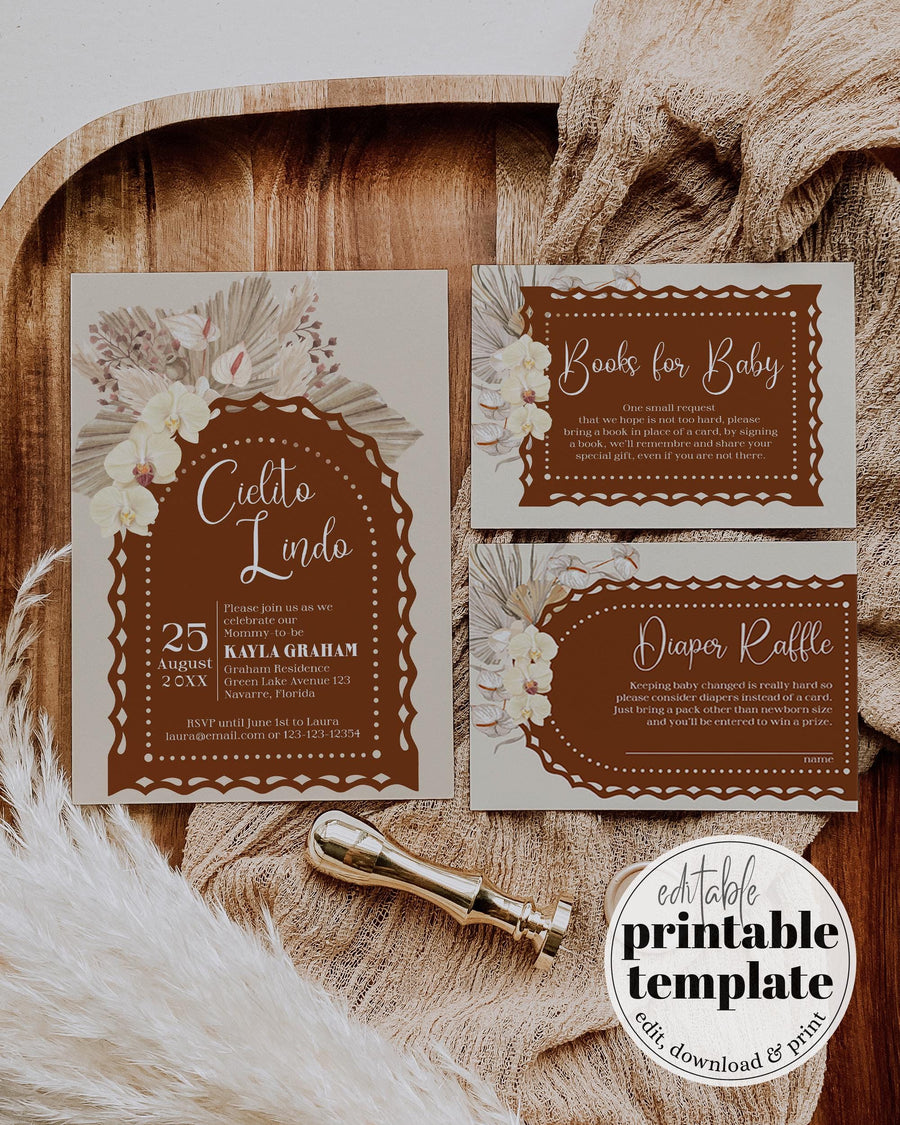 Cielito Lindo Baby Shower Invitation Template, Beige Brown Pampas Mexican Neutral Invite 001CL-BSINV - marryful.org