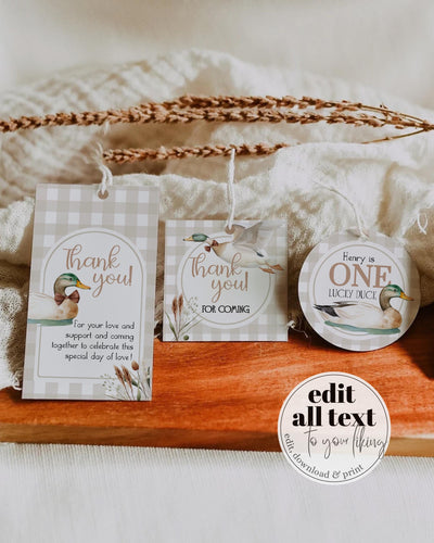 One Lucky Duck Favor Tags for First Birthday, Boys Mallard Duck Hunt Thank You Tags Sticker Cupcake Topper Decor Printable Template #068 - TheLovebirdsDesign