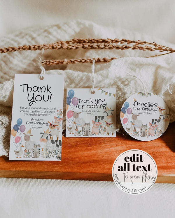 Farm Party Animals Favor Tags, Farm Barnyard Animals First Birthday Confetti Sticker Label Printable Template, Petting Zoo Birthday #068 - TheLovebirdsDesign
