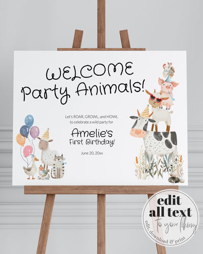 Farm Party Animals 1st Birthday Welcome Sign Boy, Farm Barnyard Animals First Birthday Confetti Printable Decor Sign Template #068 - TheLovebirdsDesign