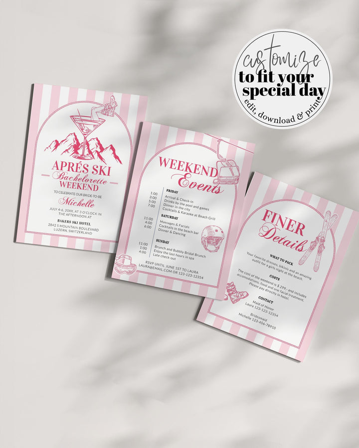 Apres Ski Invite Winter Bachelorette Invitation, Martini Hen Do Itinerary, Mountain Ski Party Social Club Champagne Invite Template #072 - TheLovebirdsDesign