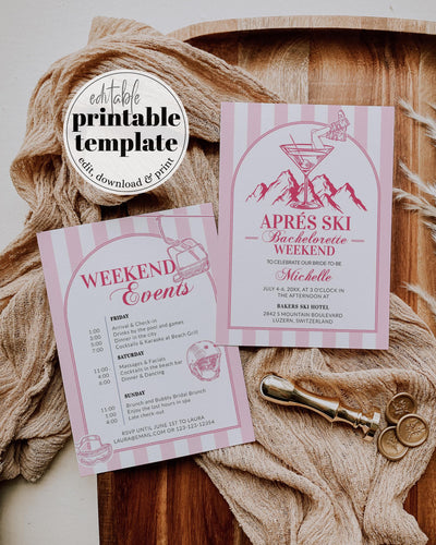 Apres Ski Invite Winter Bachelorette Invitation, Martini Hen Do Itinerary, Mountain Ski Party Social Club Champagne Invite Template #072 - TheLovebirdsDesign