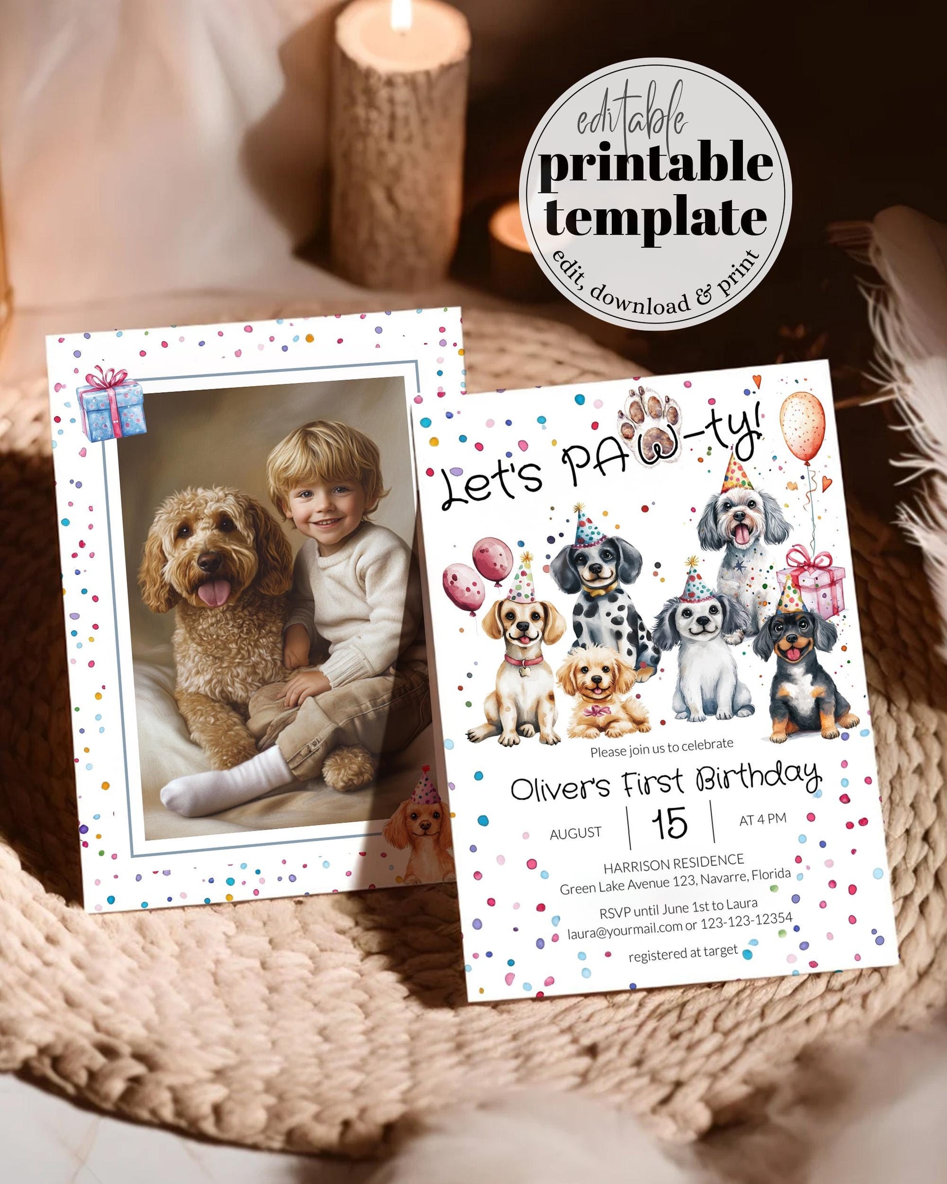 Puppy Birthday Invitation, Gender Neutral Confetti Dog Paw-Tee Invite for Boys or Girls First Birthday Invitation, Printable Template #070 - TheLovebirdsDesign