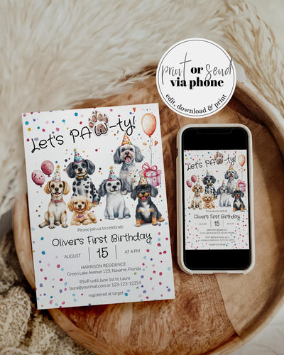 Puppy Birthday Invitation, Gender Neutral Confetti Dog Paw-Tee Invite for Boys or Girls First Birthday Invitation, Printable Template #070 - TheLovebirdsDesign