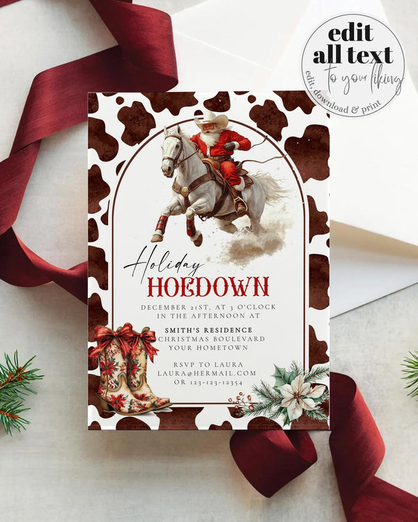 Santa Rodeo Western Christmas Party Invitation, Holiday Hoedown Cowboy Christmas Party Invite, Barn Holiday Party Invitation Template #070 - TheLovebirdsDesign