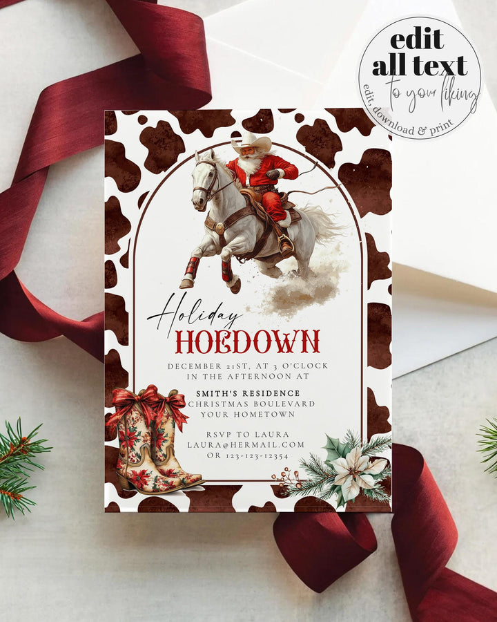 Santa Rodeo Western Christmas Party Invitation, Holiday Hoedown Cowboy Christmas Party Invite, Barn Holiday Party Invitation Template #070 - TheLovebirdsDesign