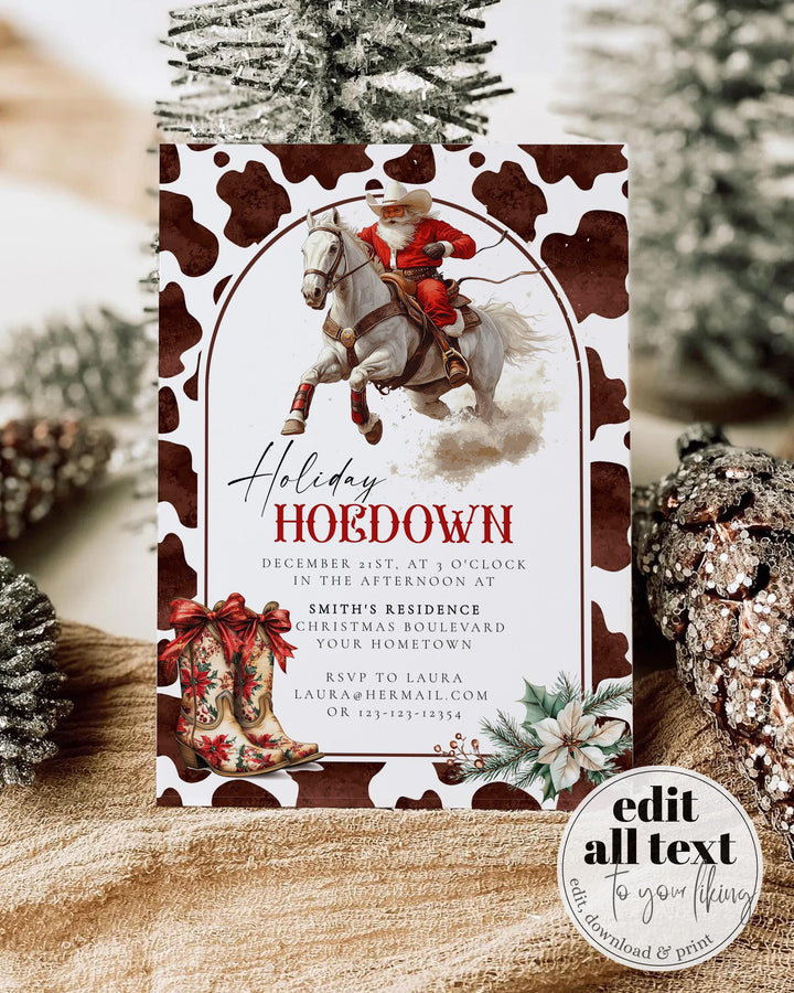 Santa Rodeo Western Christmas Party Invitation, Holiday Hoedown Cowboy Christmas Party Invite, Barn Holiday Party Invitation Template #070 - TheLovebirdsDesign