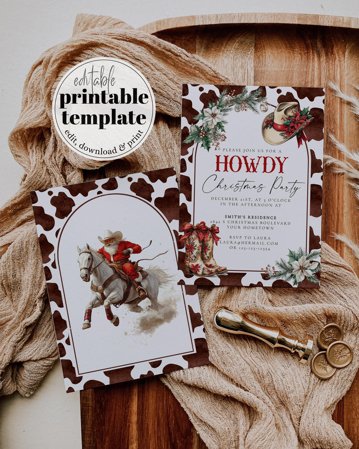 Western Howdy Christmas Party Invitation, Cow Print Holiday Invite, Cowboy Boots Rustic Christmas Template #070 - TheLovebirdsDesign